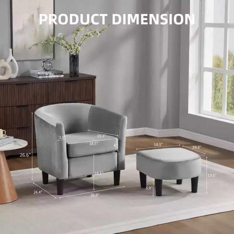 Fauteuil d'appoint moderne en velours gris avec ottoman, dossier en U et assise rembourrée de 10 cm d'épaisseur