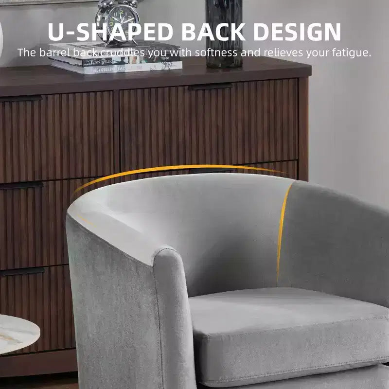 Fauteuil d'appoint moderne en velours gris avec ottoman, dossier en U et assise rembourrée de 10 cm d'épaisseur