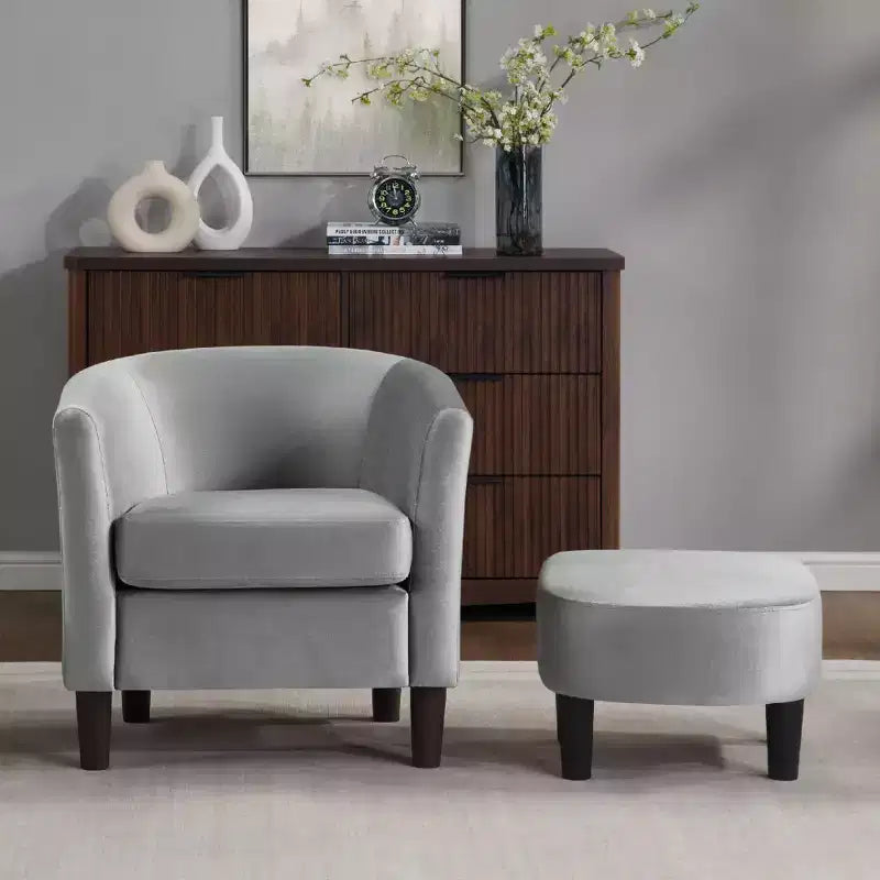 Fauteuil d'appoint moderne en velours gris avec ottoman, dossier en U et assise rembourrée de 10 cm d'épaisseur