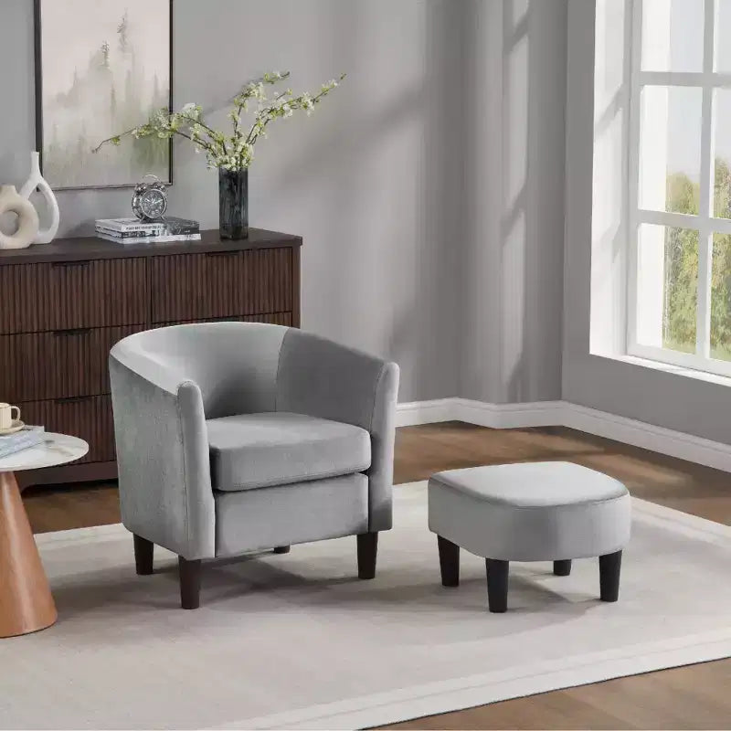 Fauteuil d'appoint moderne en velours gris avec ottoman, dossier en U et assise rembourrée de 10 cm d'épaisseur