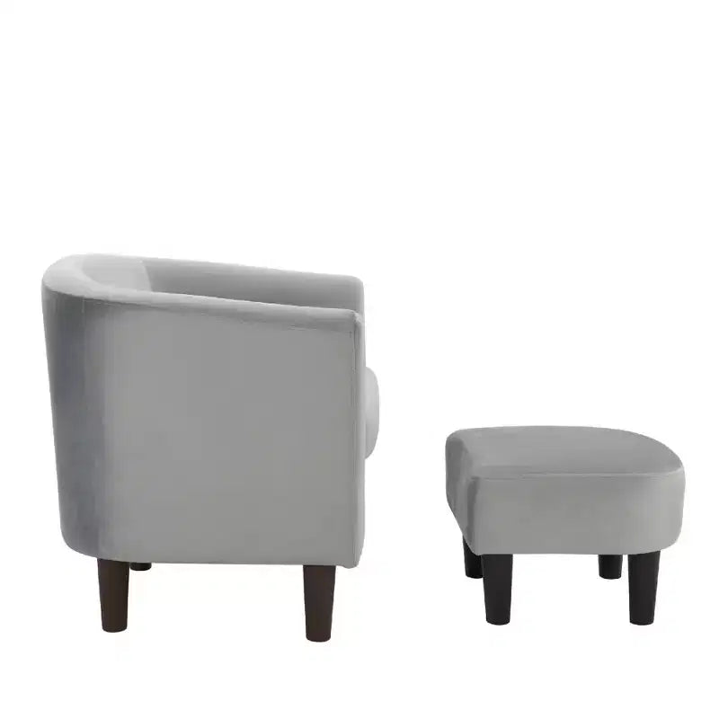 Fauteuil d'appoint moderne en velours gris avec ottoman, dossier en U et assise rembourrée de 10 cm d'épaisseur