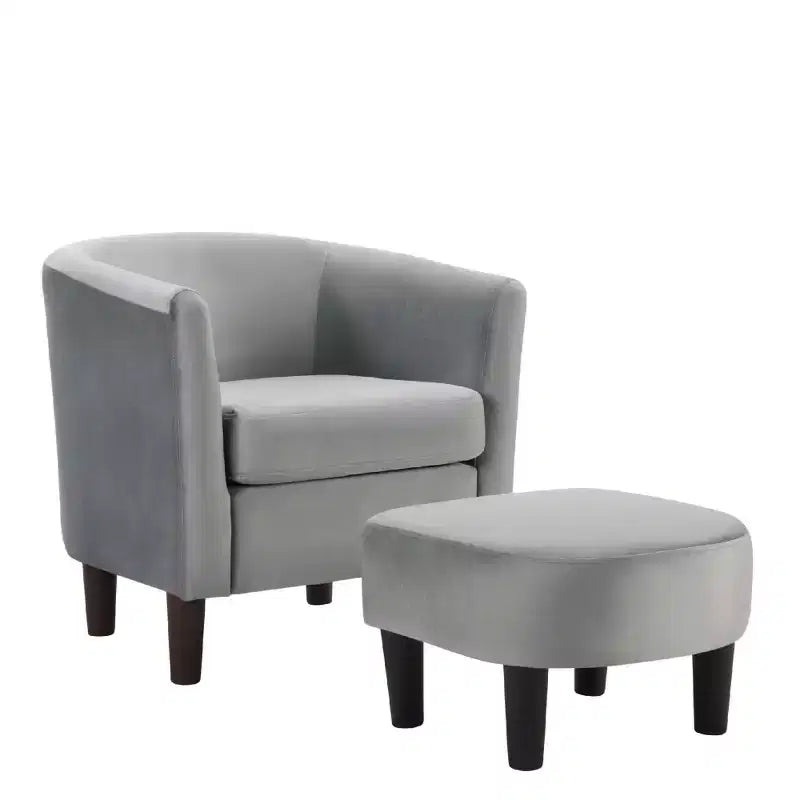 Fauteuil d'appoint moderne en velours gris avec ottoman, dossier en U et assise rembourrée de 10 cm d'épaisseur
