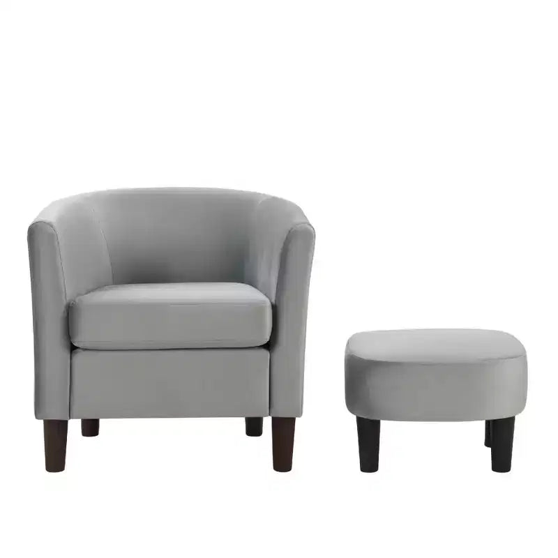 Fauteuil d'appoint moderne en velours gris avec ottoman, dossier en U et assise rembourrée de 10 cm d'épaisseur