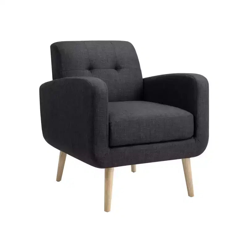 Fauteuil d'appoint noir en tissu de style Mid-Century avec pieds en bois d'hévéa, revêtement en lin pour salon