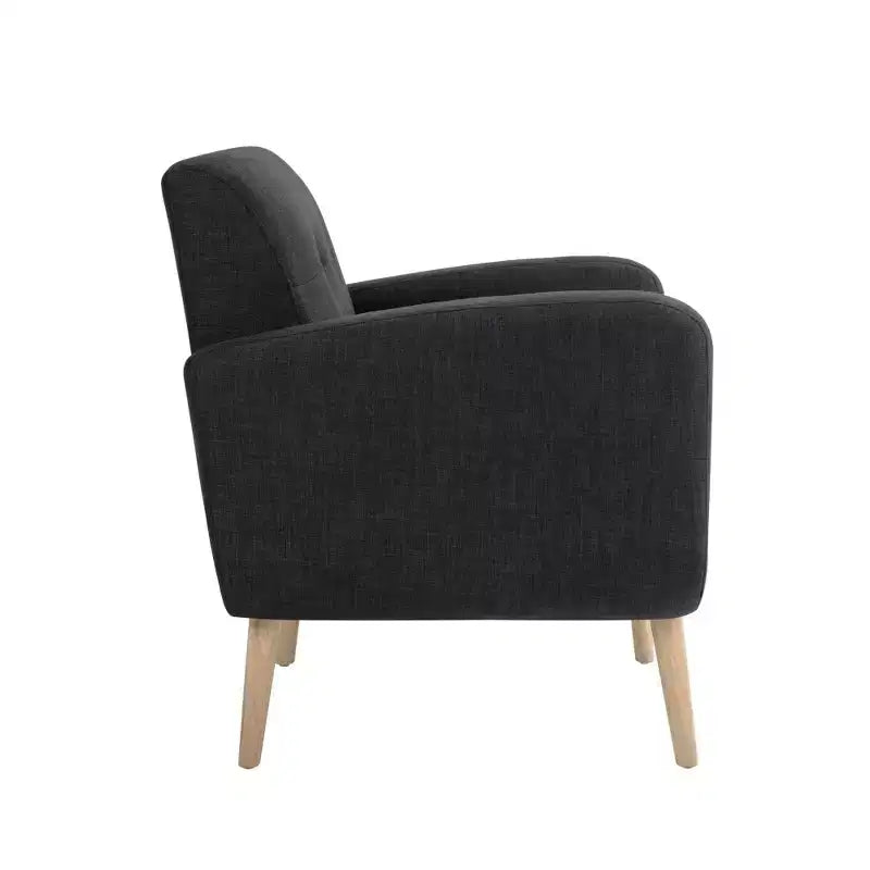 Fauteuil d'appoint noir en tissu de style Mid-Century avec pieds en bois d'hévéa, revêtement en lin pour salon