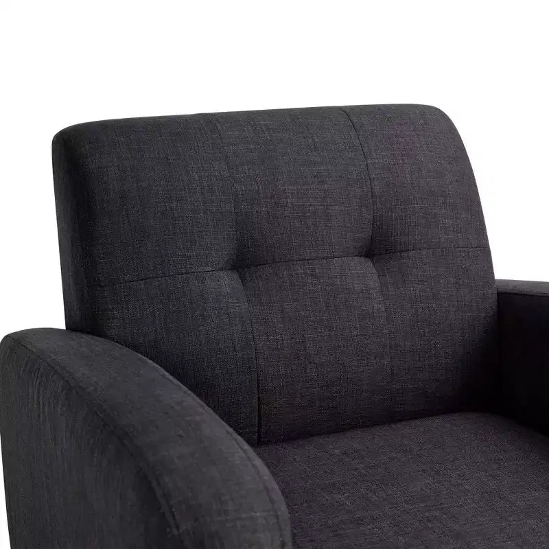 Fauteuil d'appoint noir en tissu de style Mid-Century avec pieds en bois d'hévéa, revêtement en lin pour salon