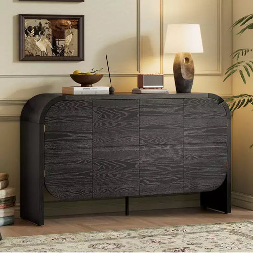 Wood Sideboard Cabinet with Curvy Edge, 4 Doors Retro Credenza Storage Cabinet with Adjustable Shelves for Living Room