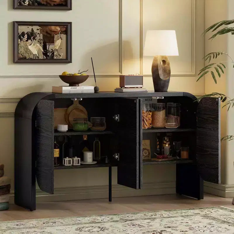 Buffet Rétro en Bois à 4 Portes avec Bords Arrondis et Étagères Réglables, Noir