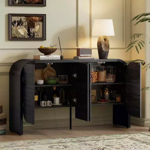 Buffet Rétro en Bois à 4 Portes avec Bords Arrondis et Étagères Réglables, Noir