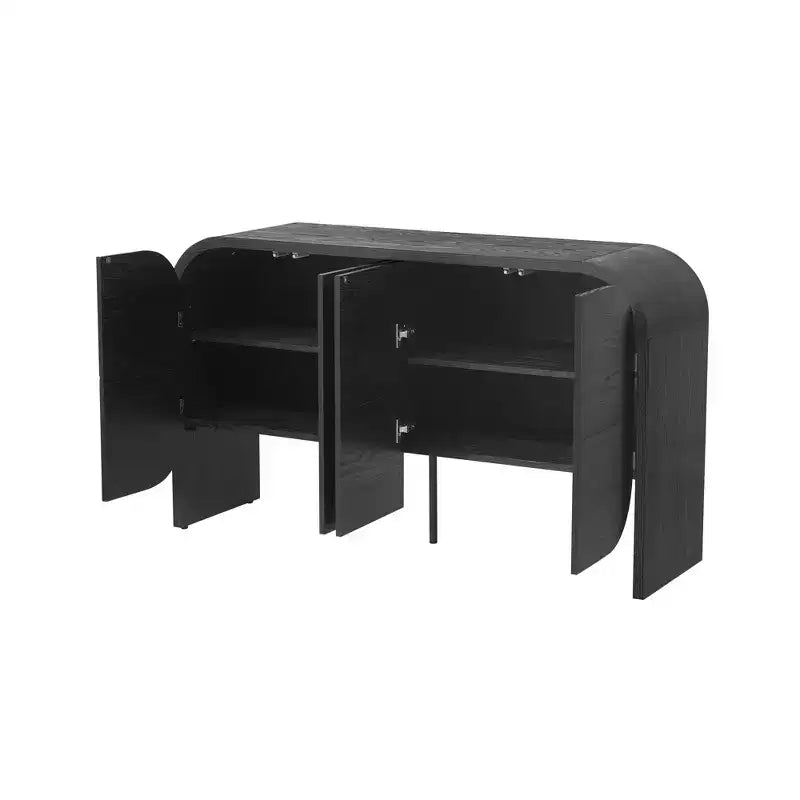 Buffet Rétro en Bois à 4 Portes avec Bords Arrondis et Étagères Réglables, Noir