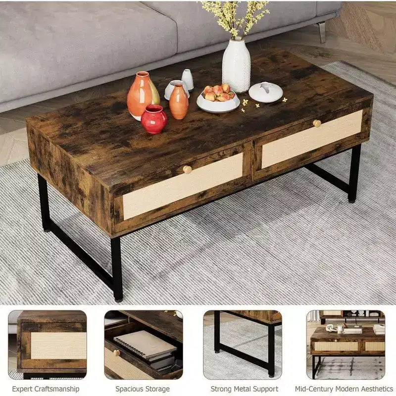 Table basse en rotin à cadre métallique de 46 pouces avec deux tiroirs, un compartiment de rangement caché et une étagère ouverte