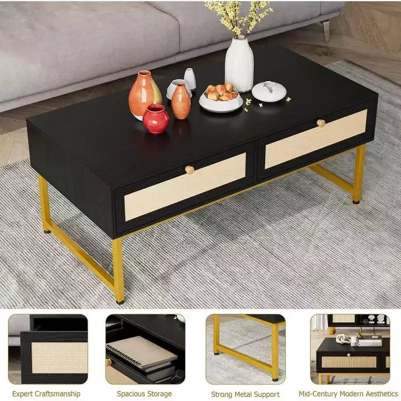 Table basse en rotin à cadre métallique de 46 pouces avec deux tiroirs, un compartiment de rangement caché et une étagère ouverte