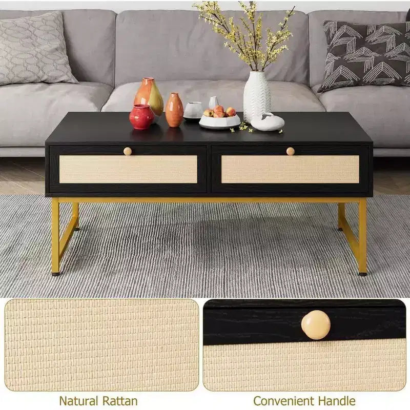 Table basse en rotin à cadre métallique de 46 pouces avec deux tiroirs, un compartiment de rangement caché et une étagère ouverte