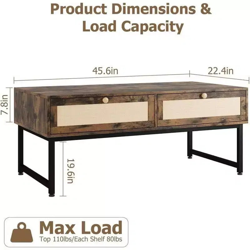 Table basse en rotin à cadre métallique de 46 pouces avec deux tiroirs, un compartiment de rangement caché et une étagère ouverte