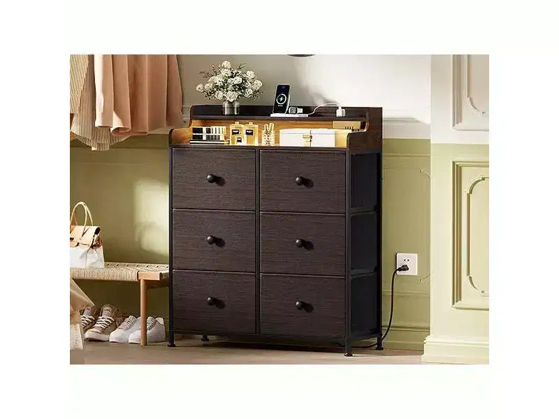 Commode 6 tiroirs avec station de charge, lumières LED, meuble de rangement haut avec plateau en bois