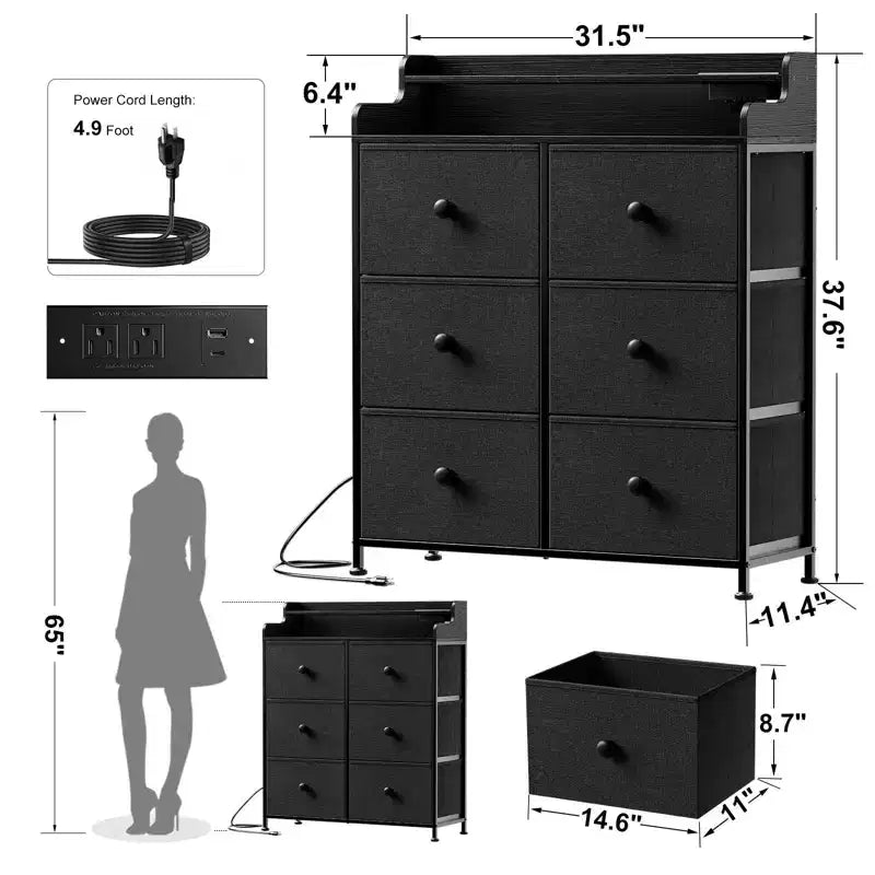 Commode 6 tiroirs avec station de charge, lumières LED, meuble de rangement haut avec plateau en bois