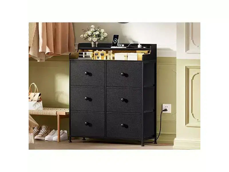 Commode 6 tiroirs avec station de charge, lumières LED, meuble de rangement haut avec plateau en bois