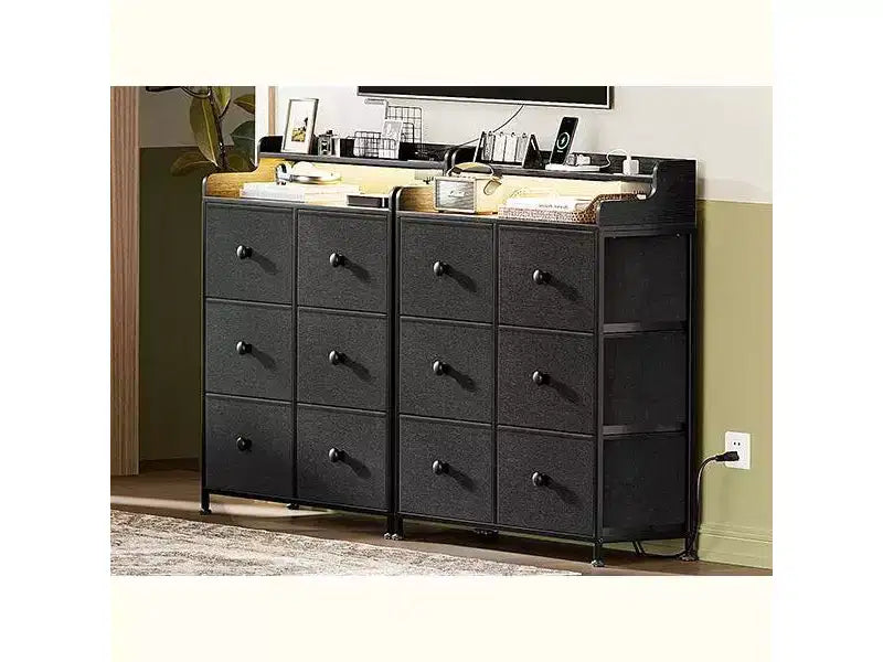 Commode 6 tiroirs avec station de charge, lumières LED, meuble de rangement haut avec plateau en bois