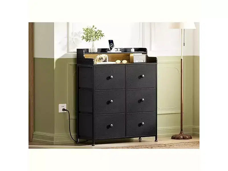 Commode 6 tiroirs avec station de charge, lumières LED, meuble de rangement haut avec plateau en bois