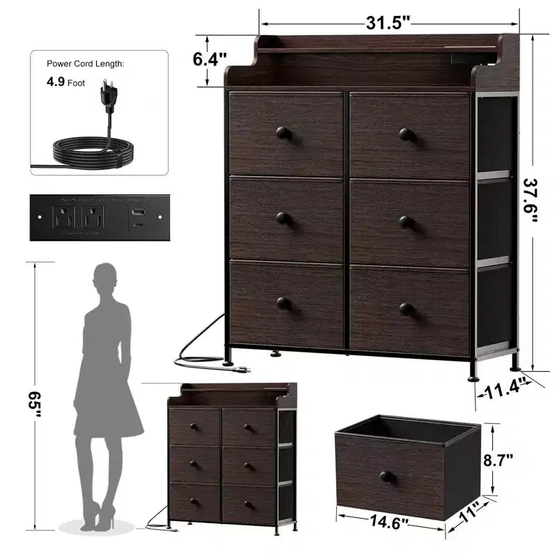 Commode 6 tiroirs avec station de charge, lumières LED, meuble de rangement haut avec plateau en bois
