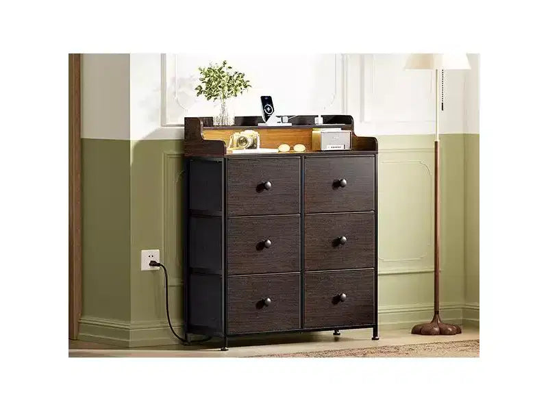 Commode 6 tiroirs avec station de charge, lumières LED, meuble de rangement haut avec plateau en bois
