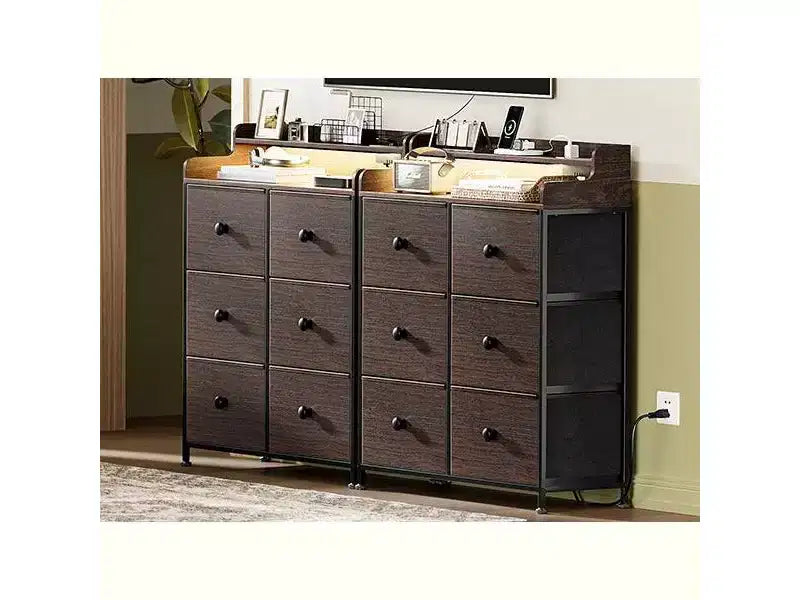 Commode 6 tiroirs avec station de charge, lumières LED, meuble de rangement haut avec plateau en bois