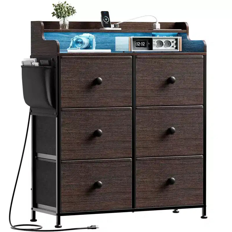 Commode 6 tiroirs avec station de charge, lumières LED, meuble de rangement haut avec plateau en bois