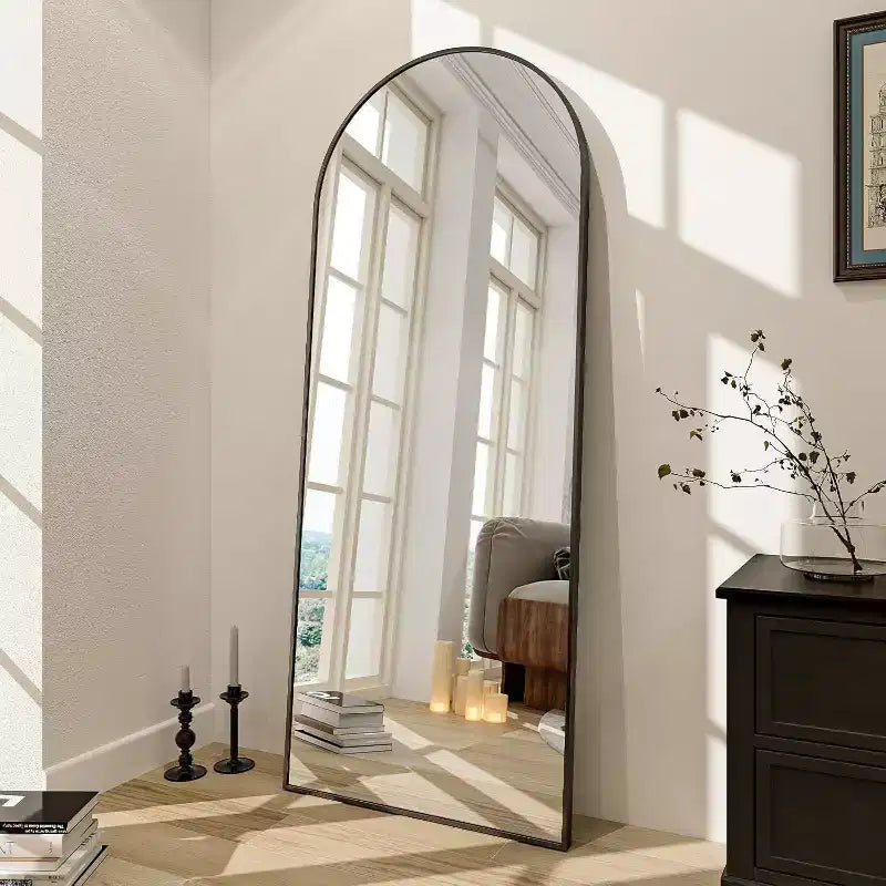Miroir psyché 66x25, à suspendre ou à poser, miroir de corps entier à dessus arqué avec support pour chambre à coucher, dressing, noir