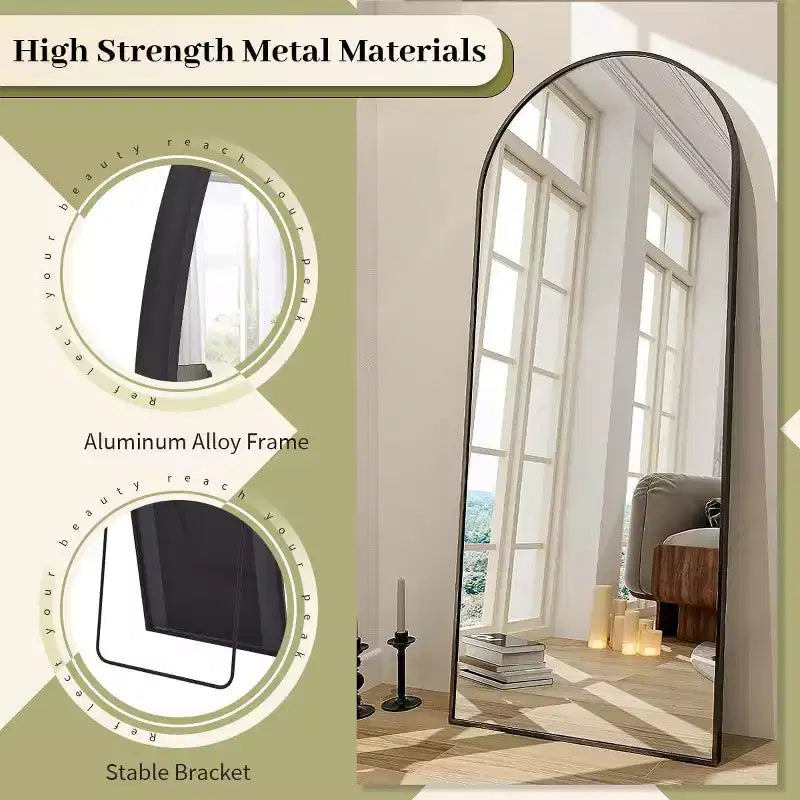 Miroir psyché 66x25, à suspendre ou à poser, miroir de corps entier à dessus arqué avec support pour chambre à coucher, dressing, noir