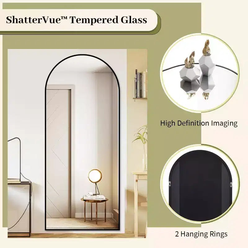 Miroir psyché 66x25, à suspendre ou à poser, miroir de corps entier à dessus arqué avec support pour chambre à coucher, dressing, noir