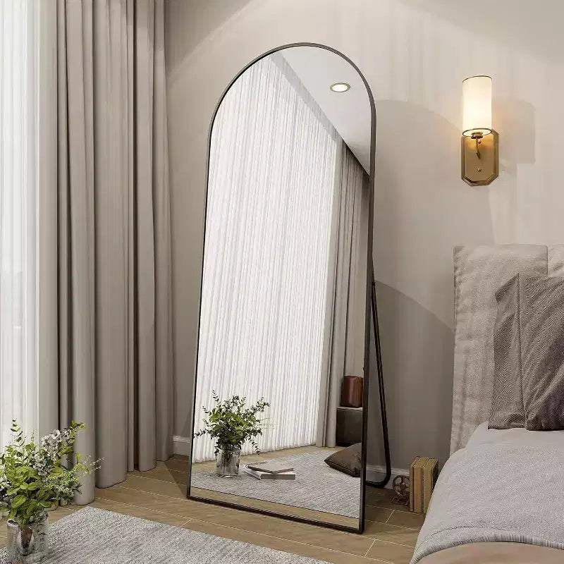 Miroir psyché 66x25, à suspendre ou à poser, miroir de corps entier à dessus arqué avec support pour chambre à coucher, dressing, noir