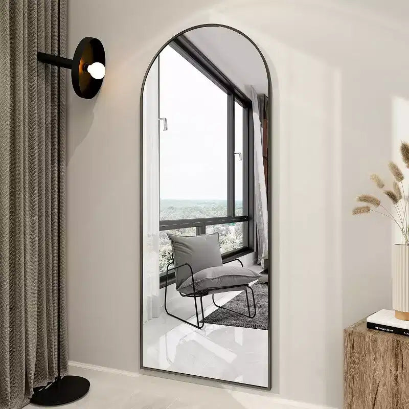 Miroir psyché 66x25, à suspendre ou à poser, miroir de corps entier à dessus arqué avec support pour chambre à coucher, dressing, noir