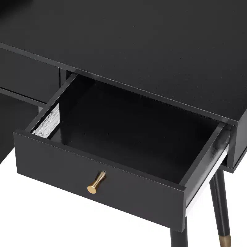 Coiffeuse moderne avec tabouret, tiroirs, meuble de rangement et ports de charge, Noir/Noyer