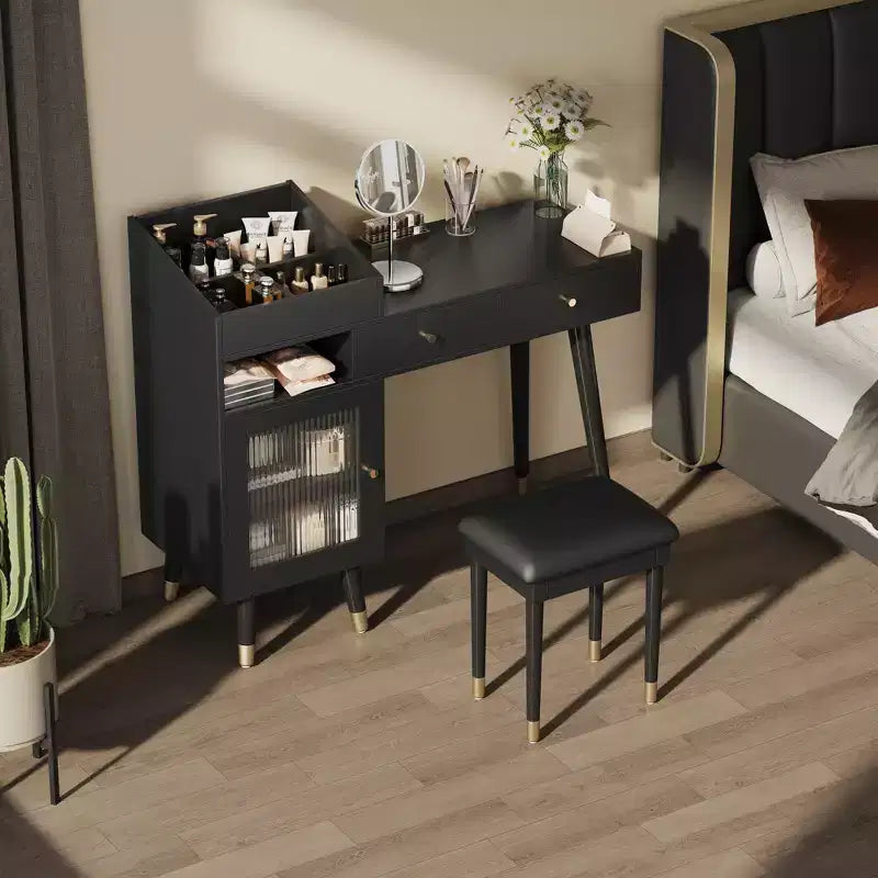 Coiffeuse moderne avec tabouret, tiroirs, meuble de rangement et ports de charge, Noir/Noyer