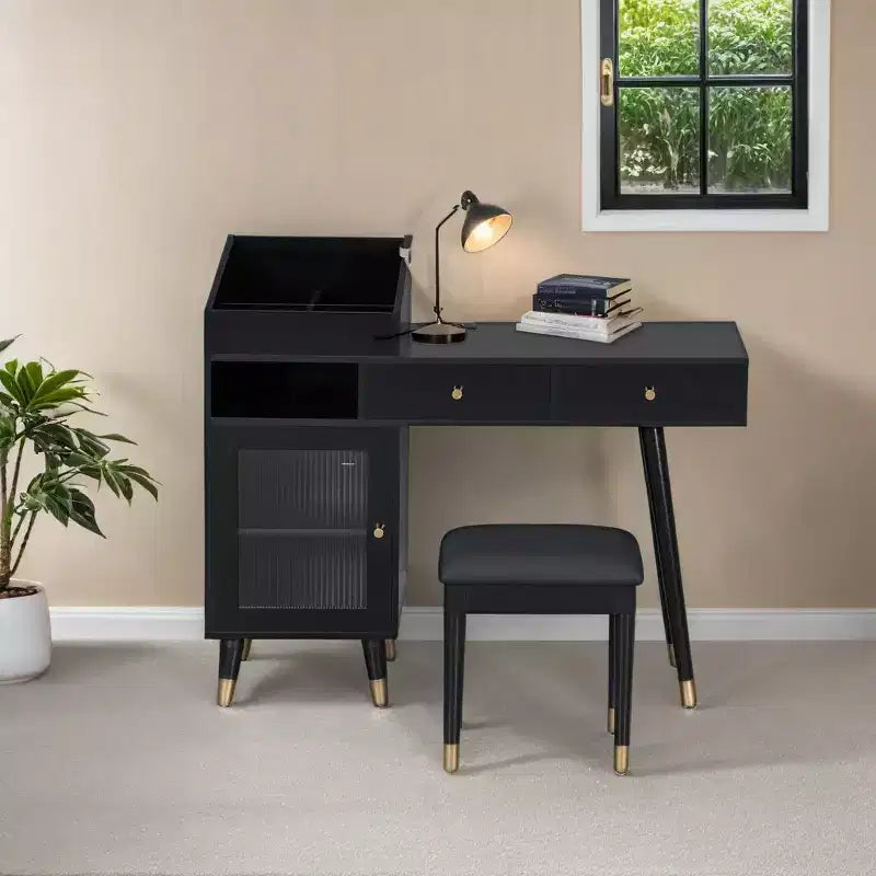 Coiffeuse moderne avec tabouret, tiroirs, meuble de rangement et ports de charge, Noir/Noyer