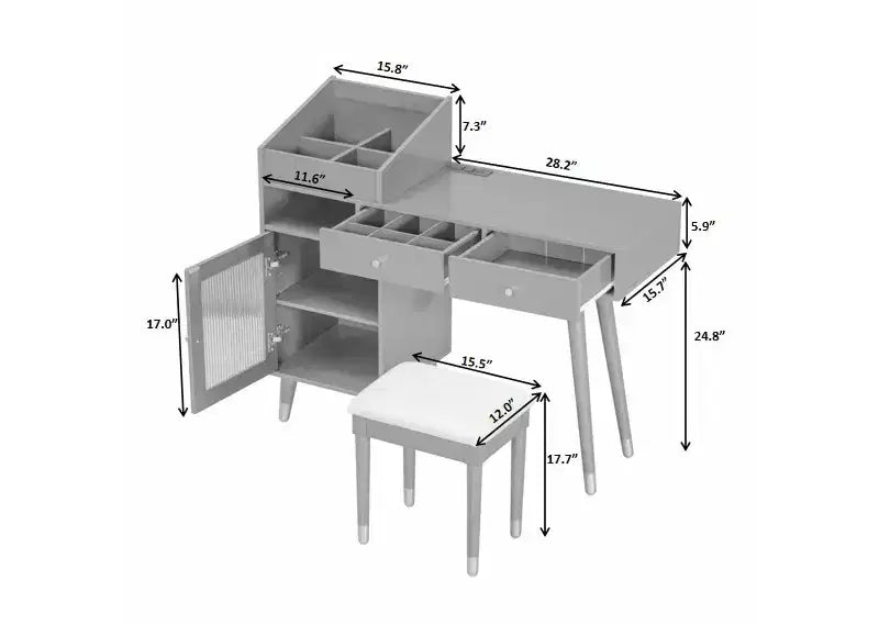 Coiffeuse moderne avec tabouret, tiroirs, meuble de rangement et ports de charge, Noir/Noyer