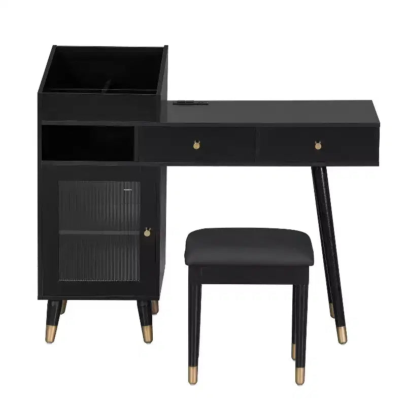 Coiffeuse moderne avec tabouret, tiroirs, meuble de rangement et ports de charge, Noir/Noyer