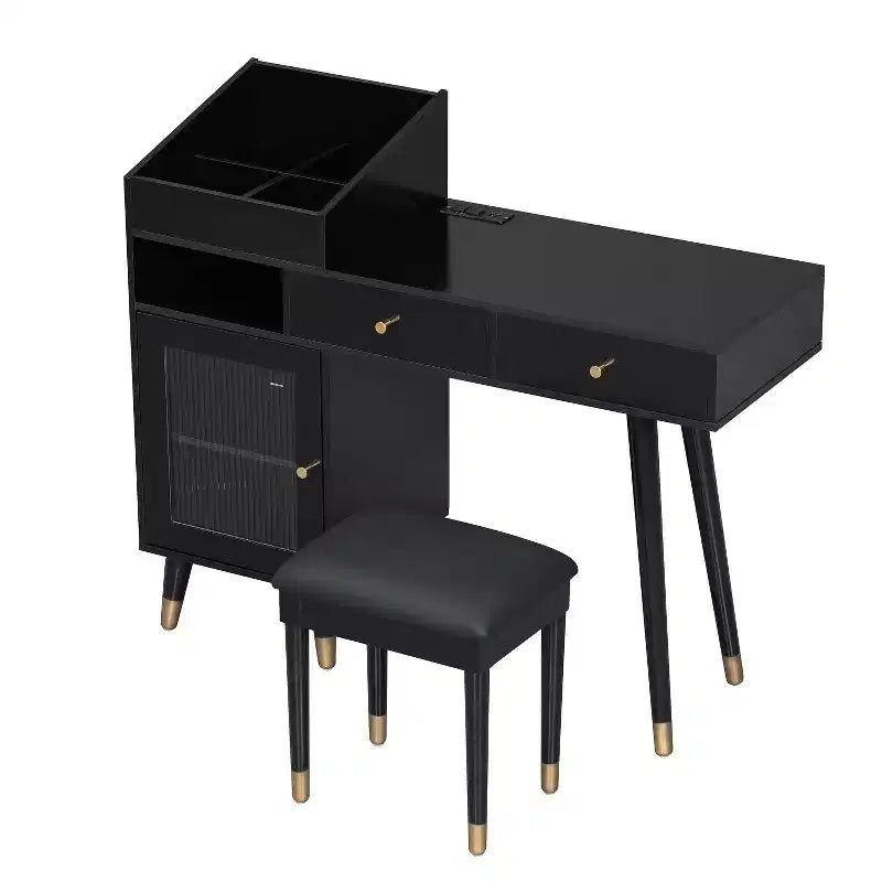 Coiffeuse moderne avec tabouret, tiroirs, meuble de rangement et ports de charge, Noir/Noyer