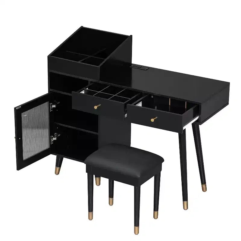 Coiffeuse moderne avec tabouret, tiroirs, meuble de rangement et ports de charge, Noir/Noyer