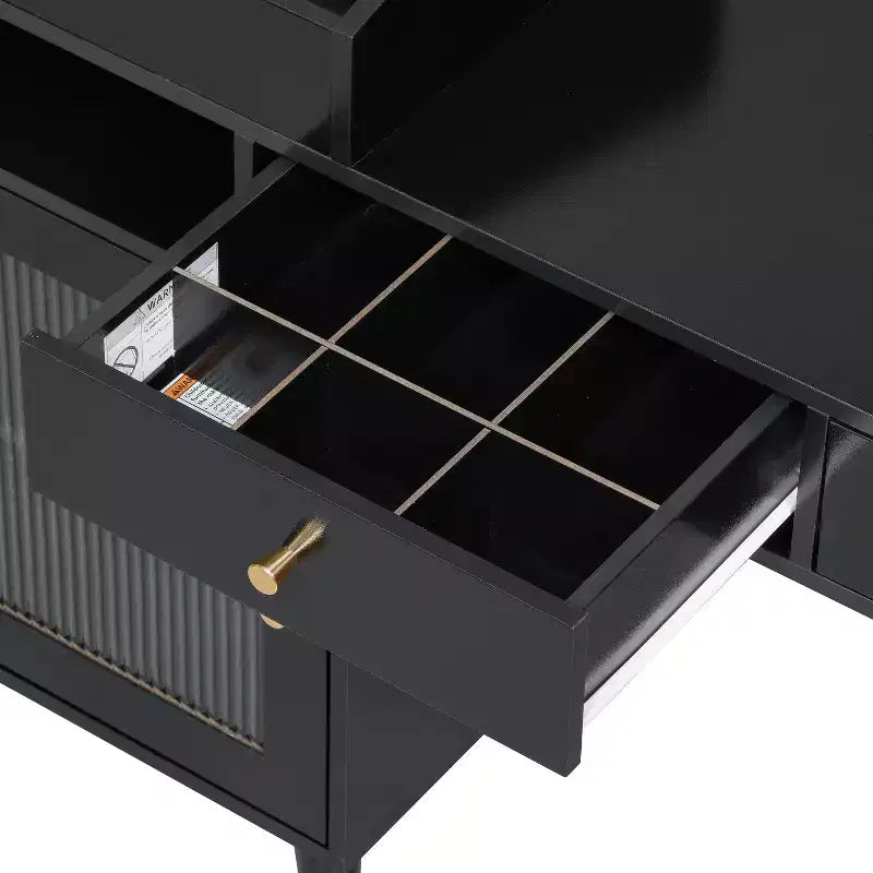 Coiffeuse moderne avec tabouret, tiroirs, meuble de rangement et ports de charge, Noir/Noyer
