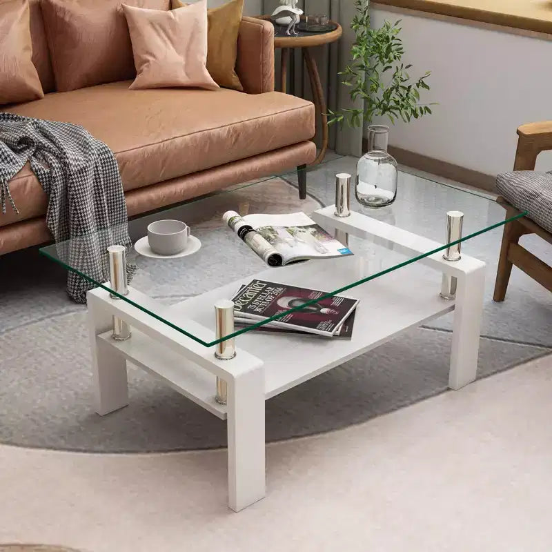 Table basse rectangulaire en verre trempé avec étagère en MDF, table de salon moderne, blanche
