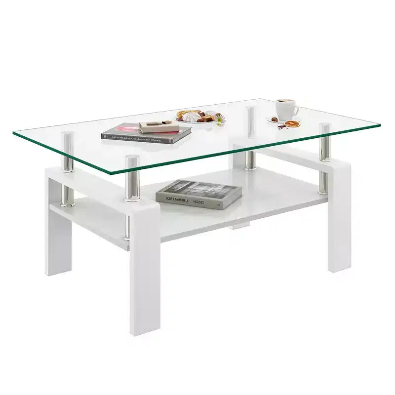 Table basse rectangulaire en verre trempé avec étagère en MDF, table de salon moderne, blanche