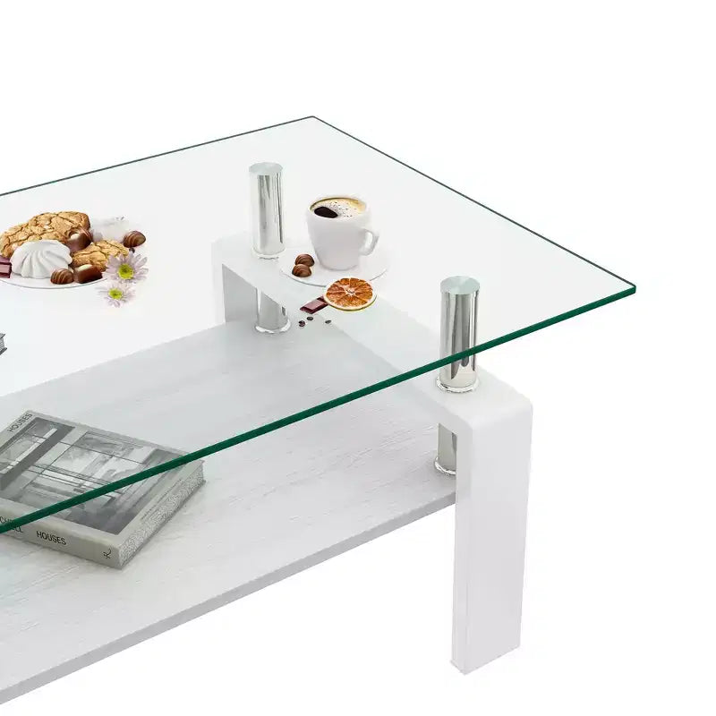 Table basse rectangulaire en verre trempé avec étagère en MDF, table de salon moderne, blanche
