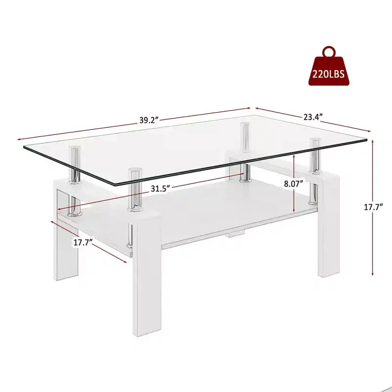 Table basse rectangulaire en verre trempé avec étagère en MDF, table de salon moderne, blanche