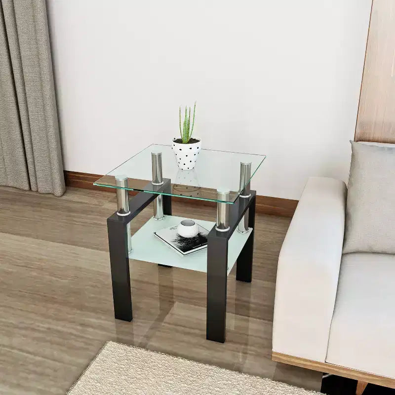 Table basse d'appoint carrée en verre trempé, 45 x 45 cm, cadre en métal noir