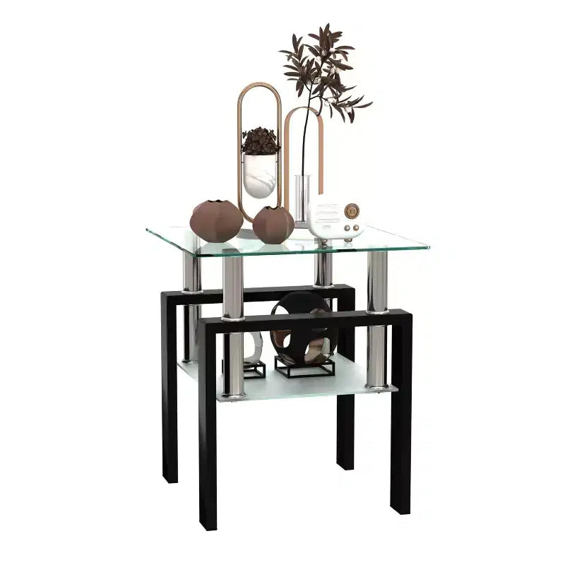 Table basse d'appoint carrée en verre trempé, 45 x 45 cm, cadre en métal noir