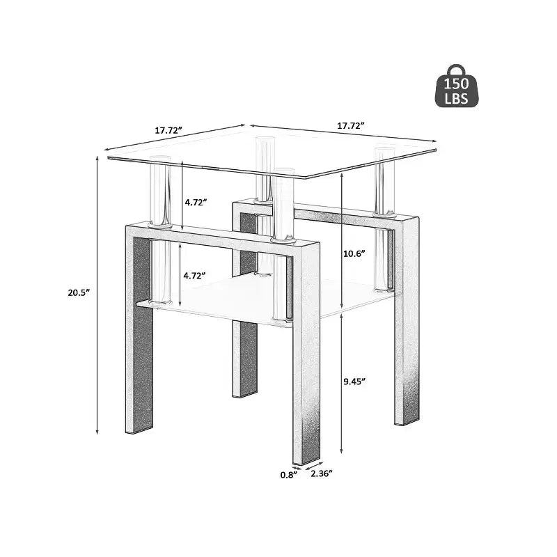 Table basse d'appoint carrée en verre trempé, 45 x 45 cm, cadre en métal noir