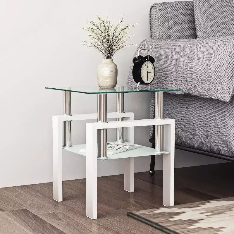Table basse d'appoint carrée en verre trempé, 45 x 45 cm, cadre en métal noir