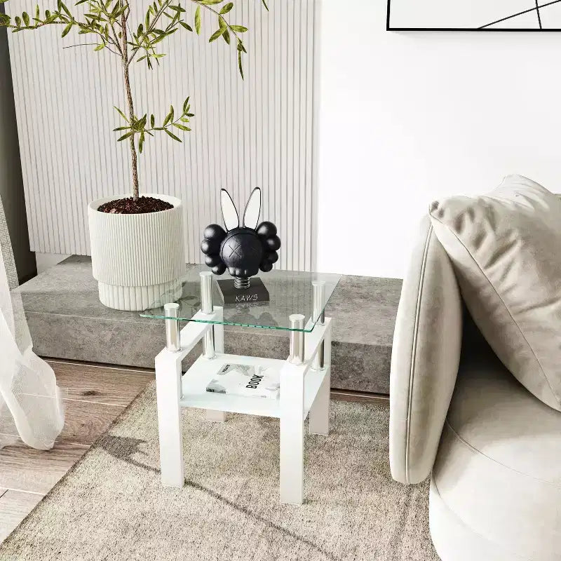 Table basse d'appoint carrée en verre trempé, 45 x 45 cm, cadre en métal noir