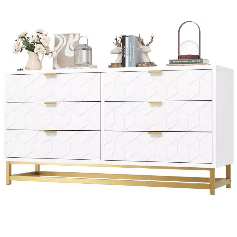 Commode à 6 tiroirs pour chambre à coucher, 136 cm de large, poignées et pieds en métal doré, blanc